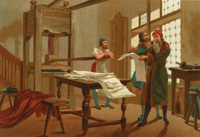 Gutenberg drukt de eerste pagina van de Bijbel door Josep or Jose Planella Coromina